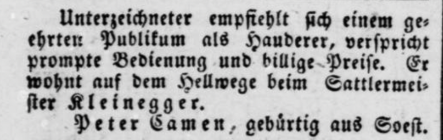 Was ist ein Hauderer? Werbung aus dem September 1832 in Soest Stadtführung-soest.de