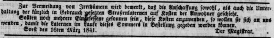 Soester Kreisblatt vom 19.3.1841 zur Straßenbeleuchtung
Quelle: www.zeitpunkt.nrw